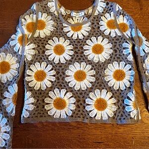 Crochet Daisy Sweater - White & Mustard Flowers on Taupe
